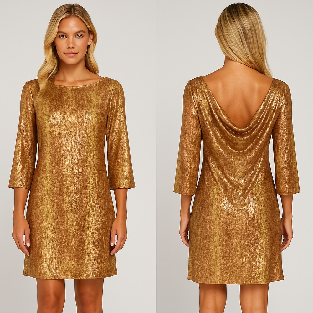 Gold Metallic Sequin Shift Dress Cowl Back Holiday Party Cocktail Glam Women's L